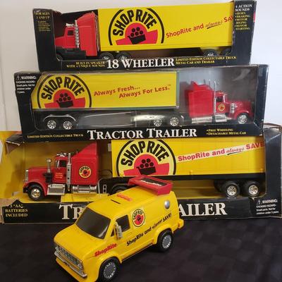 LOT 142: Vintage Shop Rite Tractor Trailers with Collectible Van Bank