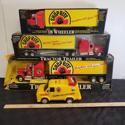 LOT 142: Vintage Shop Rite Tractor Trailers with Collectible Van Bank