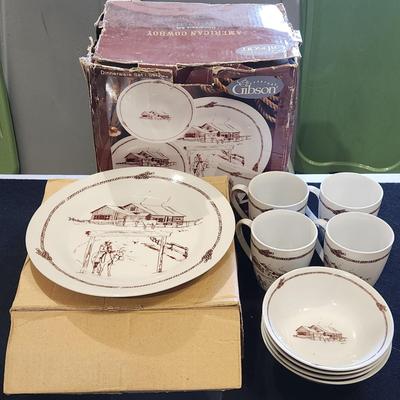 Sale Photo Thumbnail #204: Vintage Gibson Western Cowboy Dinnerware set.
Will receive all items pictured as is and all peices included are there.
