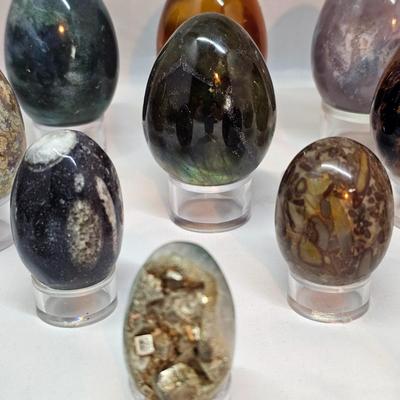 Collection of Polished Stone Eggs & Stands (GB-JS)