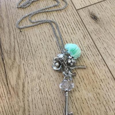 Super cute Silver tone rhinestone key charm, flower, charm necklace