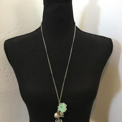 Super cute Silver tone rhinestone key charm, flower, charm necklace