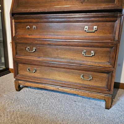 Drop Front Three Drawer Engraved Secretary by Vincent Yeh & Co. (GB-JS)