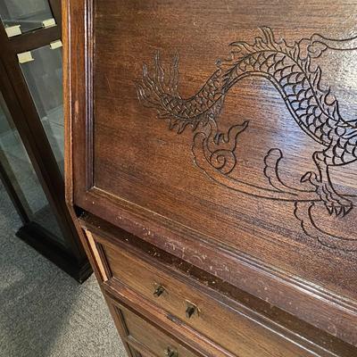 Drop Front Three Drawer Engraved Secretary by Vincent Yeh & Co. (GB-JS)
