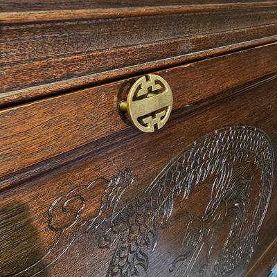 Drop Front Three Drawer Engraved Secretary by Vincent Yeh & Co. (GB-JS)
