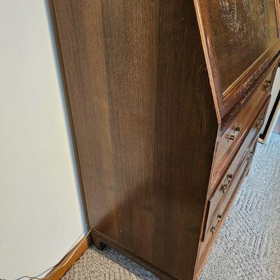 Drop Front Three Drawer Engraved Secretary by Vincent Yeh & Co. (GB-JS)