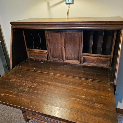 Drop Front Three Drawer Engraved Secretary by Vincent Yeh & Co. (GB-JS)