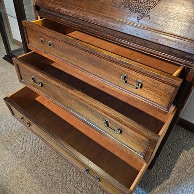 Drop Front Three Drawer Engraved Secretary by Vincent Yeh & Co. (GB-JS)