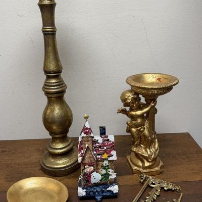 Decor Lot - 2 golden fish Candle holders, 1 soap dish, 2 bookshelf brackets, 1 Christmas House Figurine