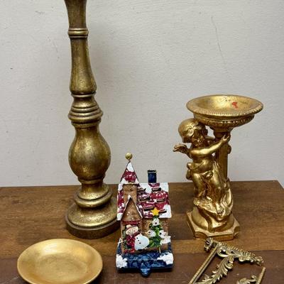 Decor Lot - 2 golden fish Candle holders, 1 soap dish, 2 bookshelf brackets, 1 Christmas House Figurine