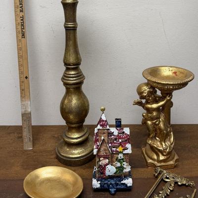 Decor Lot - 2 golden fish Candle holders, 1 soap dish, 2 bookshelf brackets, 1 Christmas House Figurine