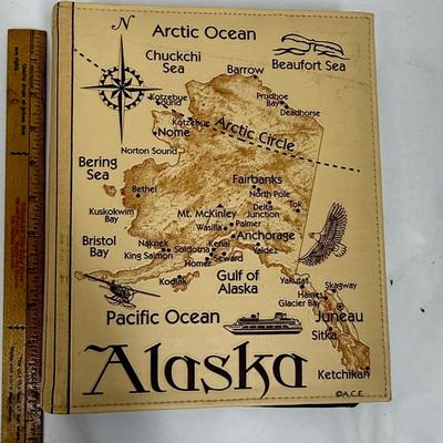 Sale Photo Thumbnail #170: Synthetic Tan Leather cover with a map of Alaska with many points of interest identified.  Approx. size 8.5' X 10". Holds 208 4' x 6" prints. Great for holding Alaska cruise or other Alaska vacation photos.  Like new condition.