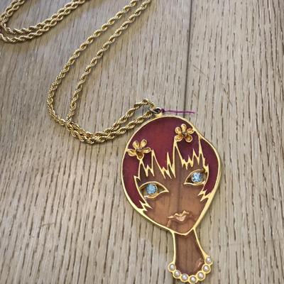 Cool vintage Stain glass art lady’s face pendant necklace