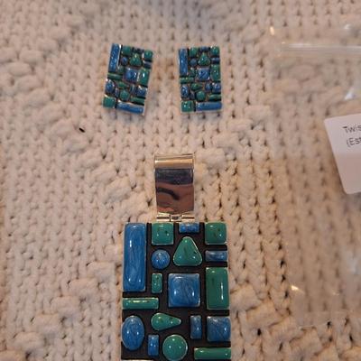 Sale Photo Thumbnail #218: Pendant and Matching earrrings, turquoise colored signed Best