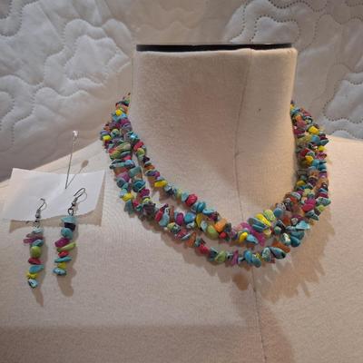 Sale Photo Thumbnail #280: Necklace and earring set of stone chips, bright spring like colors