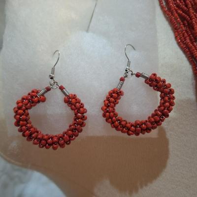 Sale Photo Thumbnail #353: Necklace and earring set- red seed beads