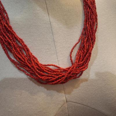Sale Photo Thumbnail #354: Necklace and earring set- red seed beads