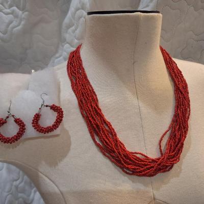 Sale Photo Thumbnail #351: Necklace and earring set- red seed beads