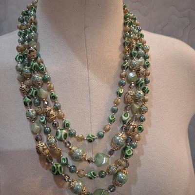 Sale Photo Thumbnail #363: multi strand green and gold tone beaded necklace