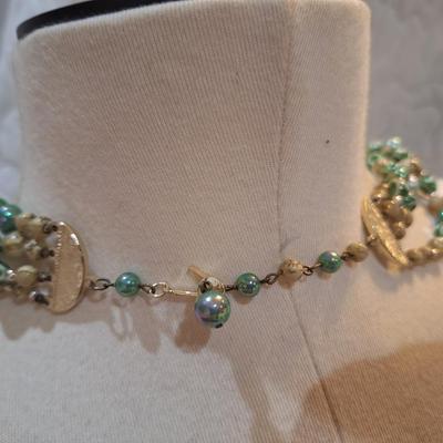 Sale Photo Thumbnail #366: multi strand green and gold tone beaded necklace