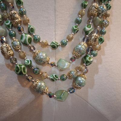 Sale Photo Thumbnail #364: multi strand green and gold tone beaded necklace