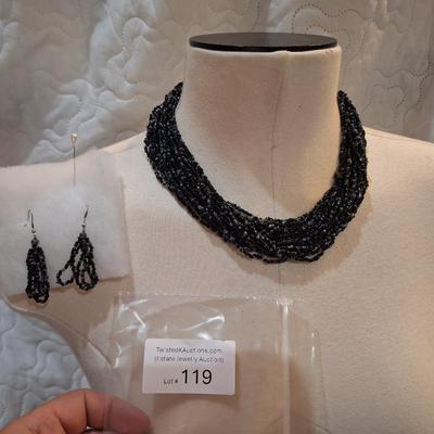 Sale Photo Thumbnail #524: Black seed bead multistrand choker necklace with matching earrings