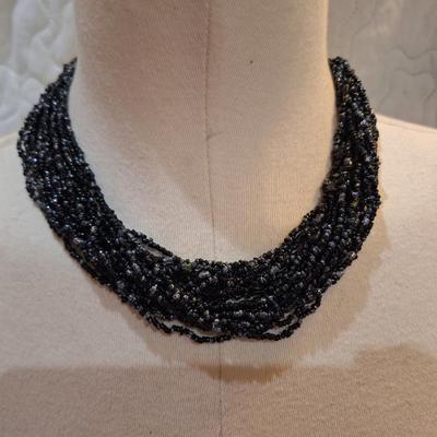 Sale Photo Thumbnail #527: Black seed bead multistrand choker necklace with matching earrings