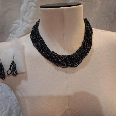 Sale Photo Thumbnail #525: Black seed bead multistrand choker necklace with matching earrings