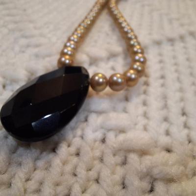 Sale Photo Thumbnail #553: Pearl necklace with black tear drop pendant -sterling silver clasp marked 925