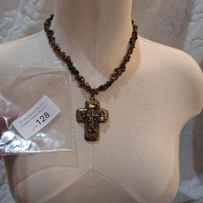 Sale Photo Thumbnail #566: Rock chip necklace wit brass colored stone pendant