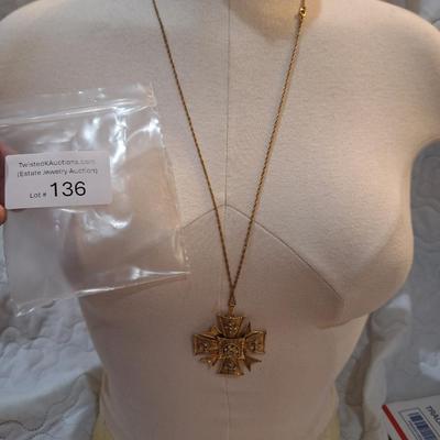 Sale Photo Thumbnail #603: Vintage gold plated Maltese Cross pendant on long necklace chain