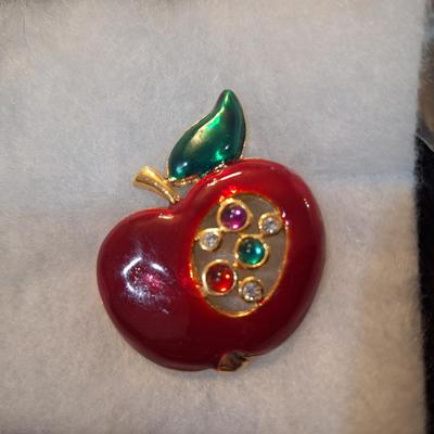 Sale Photo Thumbnail #644: Apple brooch, red and green enamel with jewels