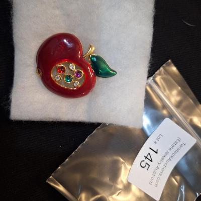 Sale Photo Thumbnail #648: Apple brooch, red and green enamel with jewels