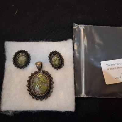 Sale Photo Thumbnail #668: Pendant and matching earrings - greenish stones