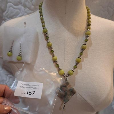 Sale Photo Thumbnail #695: necklace and earrings set- greens and silver tones