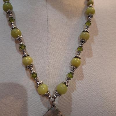 Sale Photo Thumbnail #699: necklace and earrings set- greens and silver tones