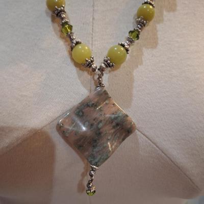 Sale Photo Thumbnail #698: necklace and earrings set- greens and silver tones