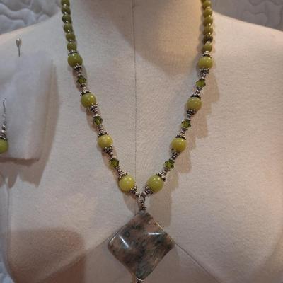 Sale Photo Thumbnail #696: necklace and earrings set- greens and silver tones