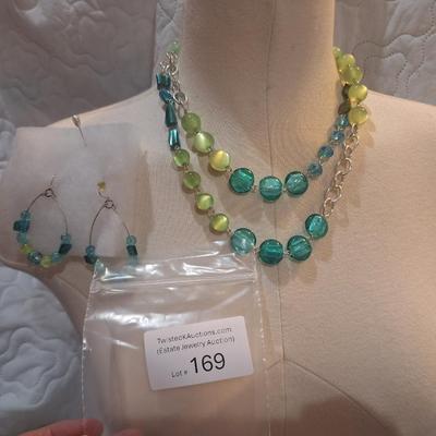 Sale Photo Thumbnail #746: greens and blues beaded necklace and earring set