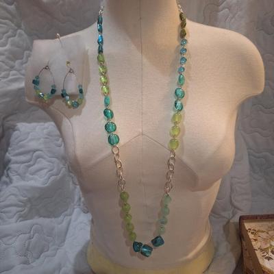 Sale Photo Thumbnail #745: greens and blues beaded necklace and earring set