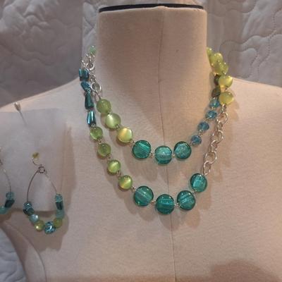 Sale Photo Thumbnail #747: greens and blues beaded necklace and earring set