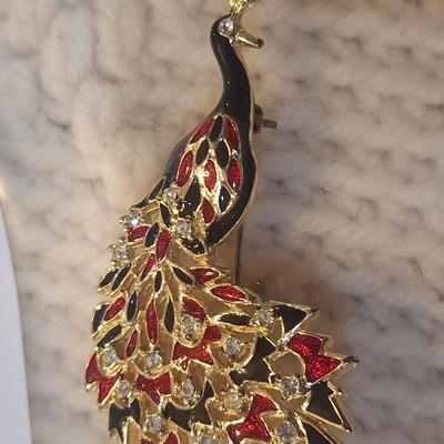 Sale Photo Thumbnail #791: peacock brooch- greens and reds