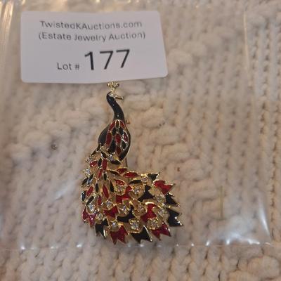 Sale Photo Thumbnail #788: peacock brooch- greens and reds
