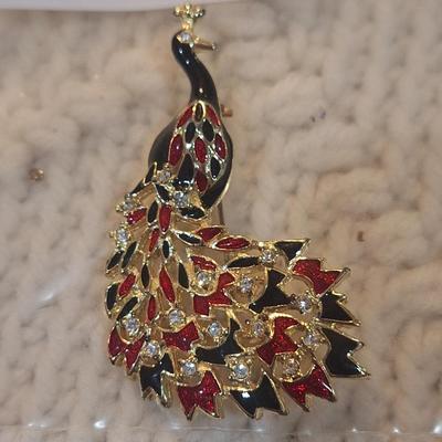 Sale Photo Thumbnail #789: peacock brooch- greens and reds