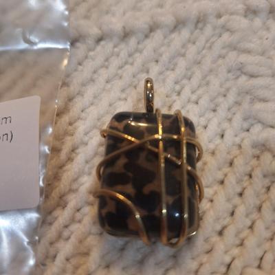 Sale Photo Thumbnail #846: leopard print square pendant with gold tine wires