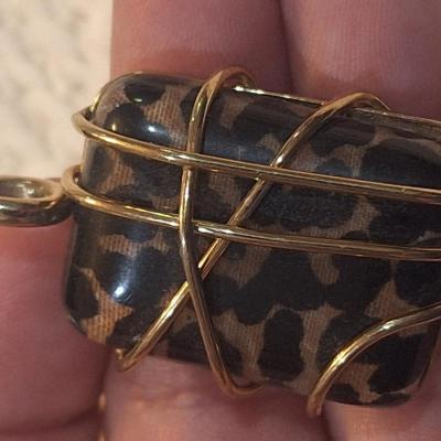 Sale Photo Thumbnail #850: leopard print square pendant with gold tine wires