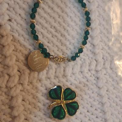 Sale Photo Thumbnail #920: green and gold tone bracelet and lapel pin