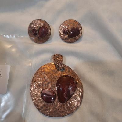Sale Photo Thumbnail #923: earrings and pendant- copper tone with stones