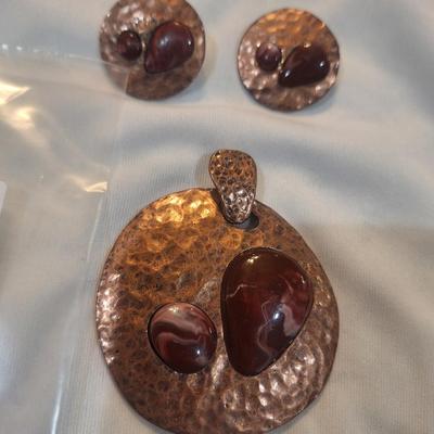 Sale Photo Thumbnail #924: earrings and pendant- copper tone with stones