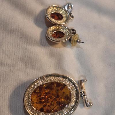 Sale Photo Thumbnail #1008: earrings and pendant with amber and silver tone